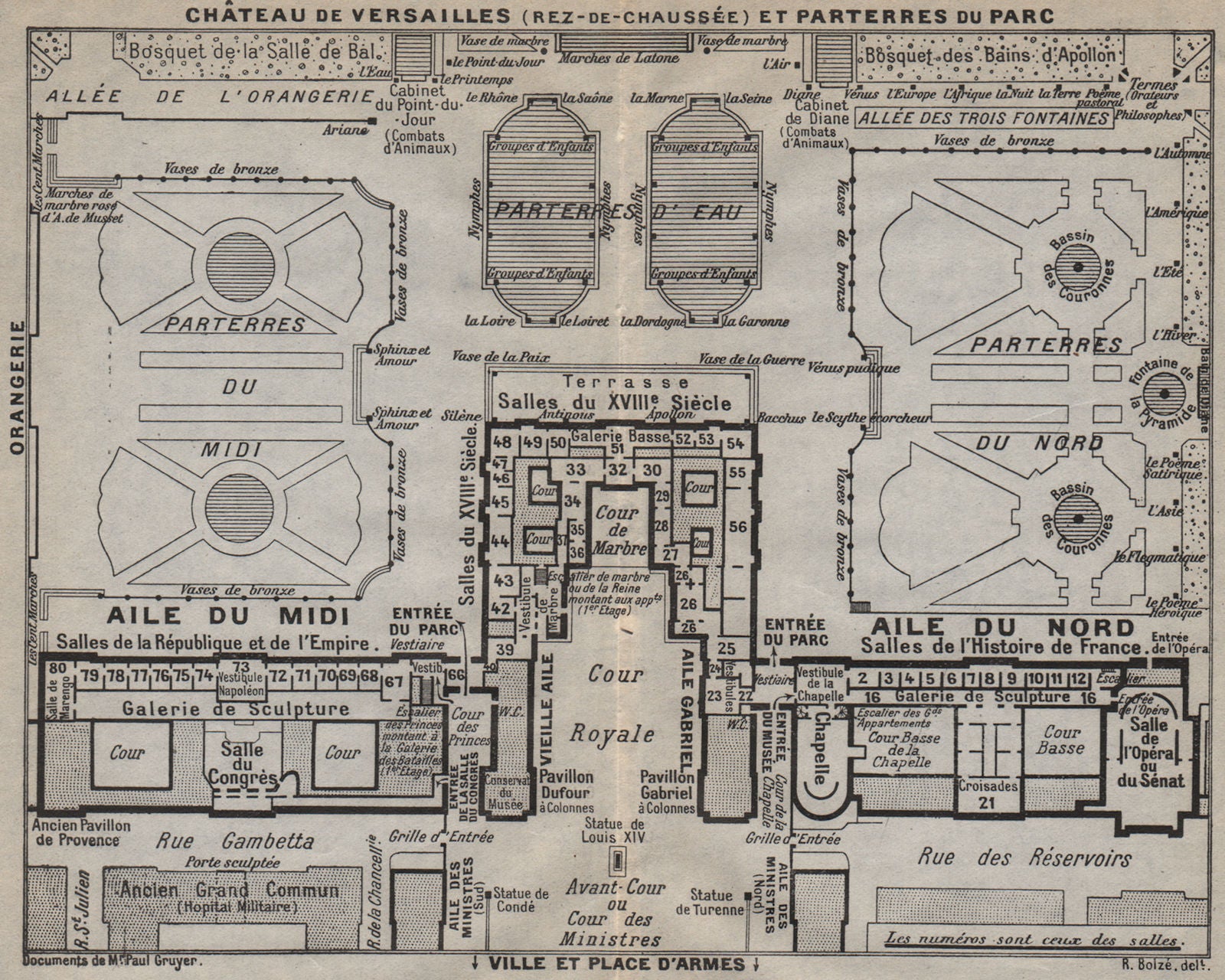 CHÂTEAU DE VERSAILLES. Ground floor. Parterres. Vintage map. Yvelines 1927